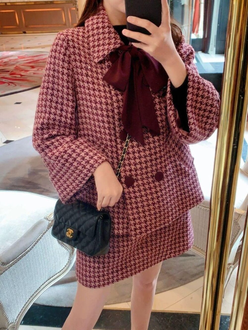 Wine Red Houndstooth Jacket Satin Bow Collar 3/4 Sleeve Retro Tweed Style XS